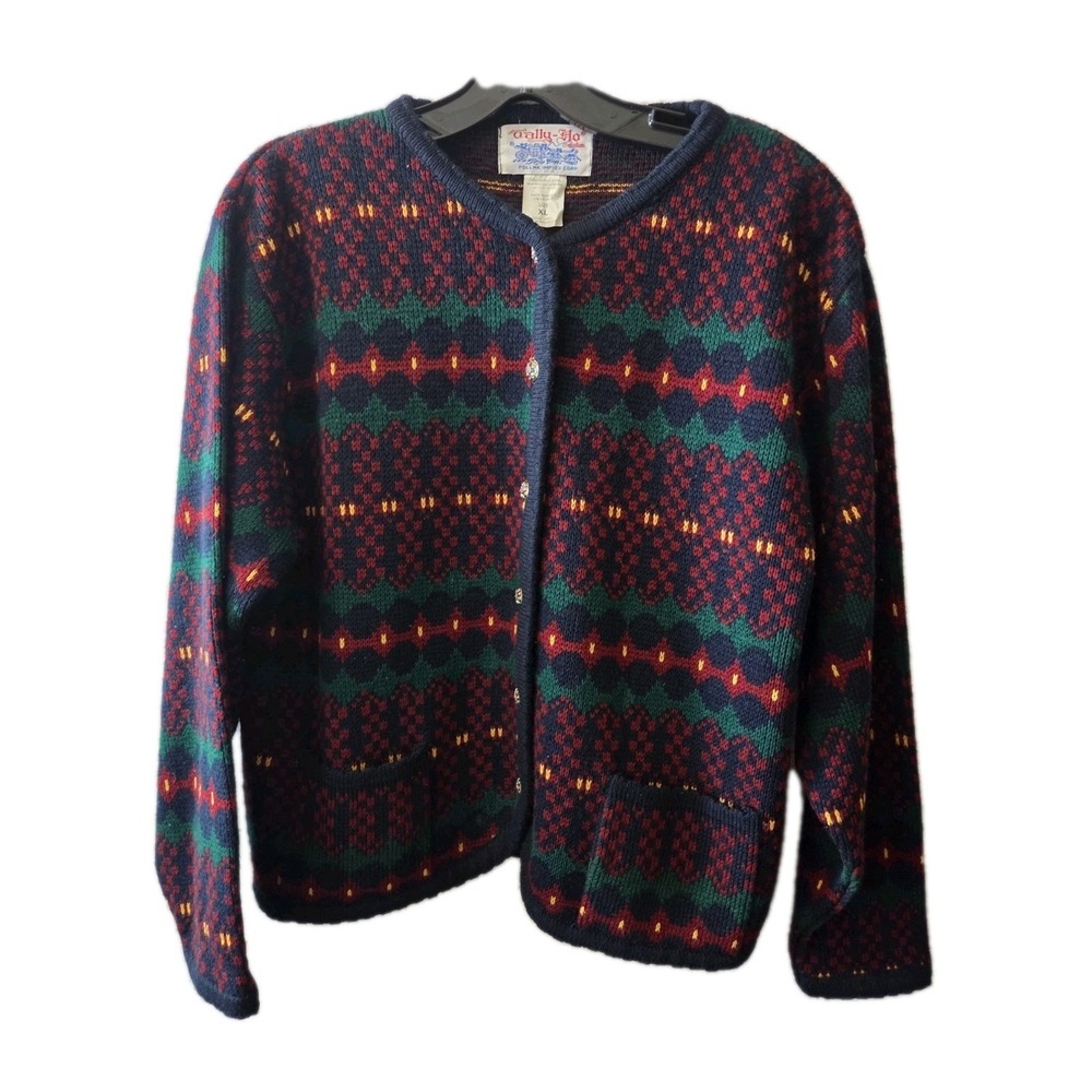 Vintage Rally-Ho Knit Cardigan Sweater, Cabin Core  XL Nordic Fair Isle Acrylic‎